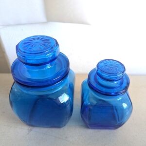 Vintage Blue Glass - Bathroom Canister Set - Two Jars With Lids